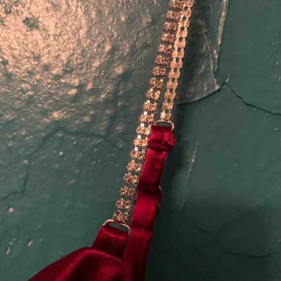 Red shiny corset with rhinestone straps and back zipper. - Picture 5 of 6